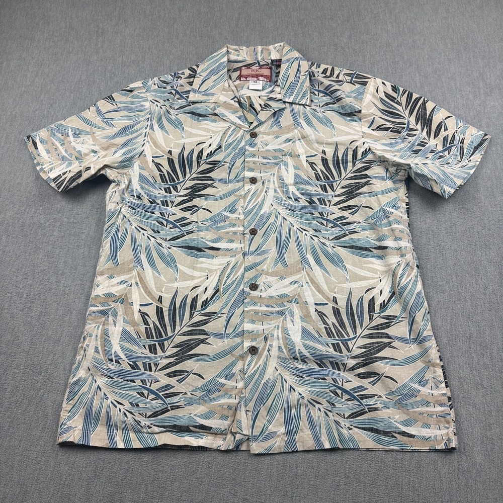 Vintage RJC Shirt Mens Medium Blue Beige Hawaiian Palm Print‎  Aloha Made in USA
